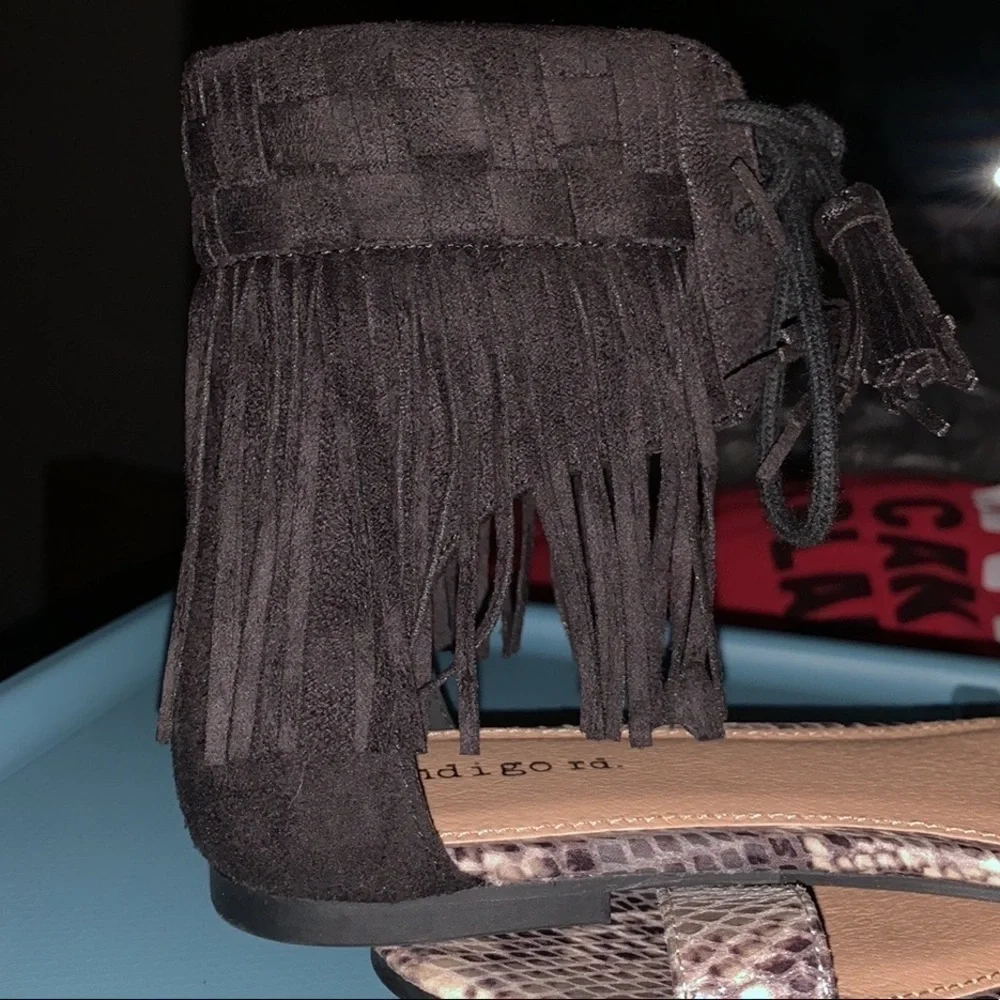 Indigo Black Fringe Sandals Size 8